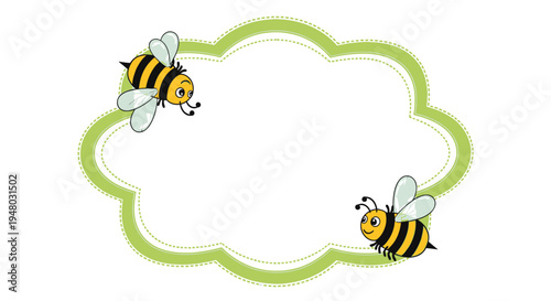 Cute cartoon bees flying around green cloud frame