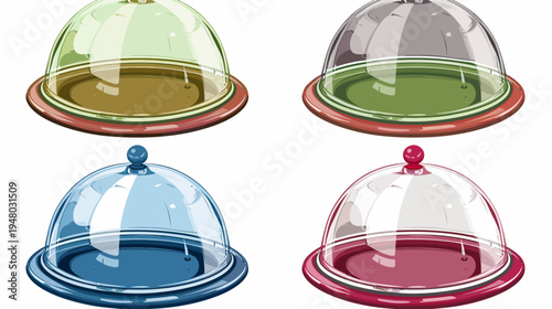 Four stylized, colorful cloche illustrations, showcasing domes and serving platters