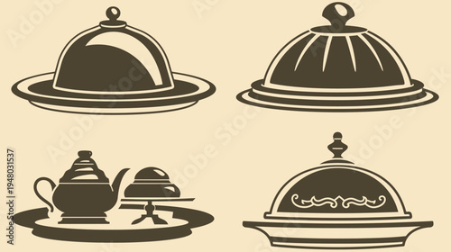 Four stylized illustrations of covered serving dishes and a teapot, in various shapes and arrangements