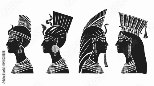 Black and white illustration of four ancient figures, side profiles. Intricate headwear & jewelry