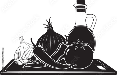 Black and white of vegetables and oil bottle on tray