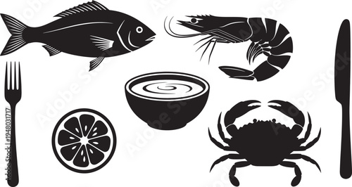 Black and white seafood with bowl and utensils fish shrimp crab