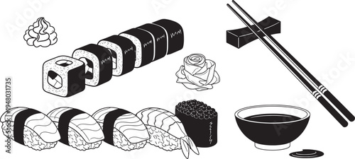 Sushi rolls and nigiri with chopsticks and soy sauce