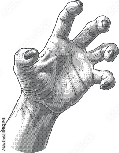 grunge dotted texture A grayscale illustration of a human hand with fingers spread apart and palm facing forward  close up