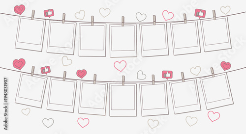 Empty photo frames hanging on lines with hearts and social media.