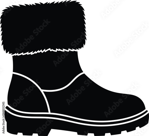 A black silhouette illustration of a warm winter boot with a thick fluffy faux fur cuff lining