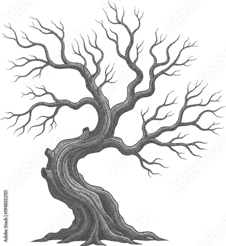 grunge dotted texture Black and white illustration of a twisted bare tree with many branches  isolated on transparent background