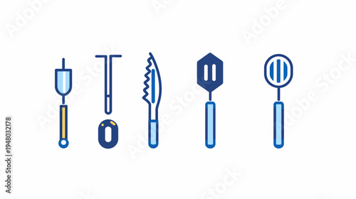Simple line icons of grilling tools, skewer, fork, knife, spatula, and slotted spoon
