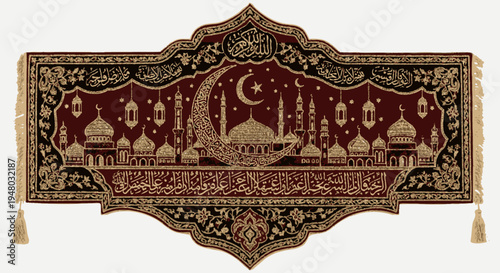 Islamic prayer rug design with mosque, crescent moon, and calligraphy.