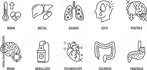 Medical health outline icons set organs diagnosis healthcare collection illustration