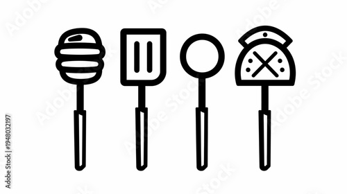 Line art of four kitchen utensils, including a spatula, skimmer, and slotted turner
