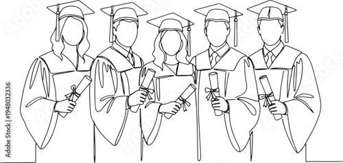 Minimalist one line drawing of a group of graduates in caps and gowns with diplomas.