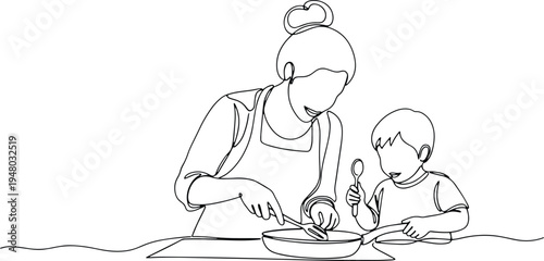 Mother and son cooking together in the kitchen line art isolated