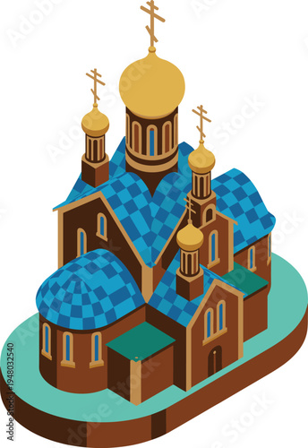 Isometric Orthodox Christian church vector illustration featuring blue checkered roofs golden onion domes and traditional crosses for religious maps historical infographics travel guides and cultural 