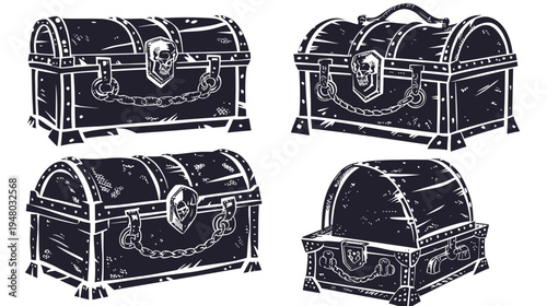 Four monochrome treasure chests, decorated, chained, and stylized on a white backdrop