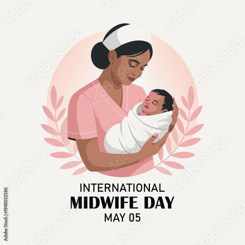Vector illustration of a midwife holding a baby in her arms. International Midwife Day.