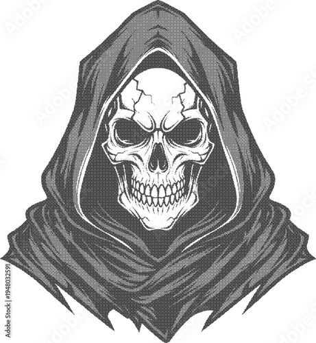 grunge dotted texture Black and white illustration of a hooded skeleton with a skull face and a hoodie  isolated on transparent background