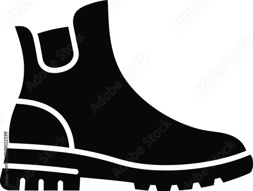 A black silhouette icon featuring a stylish chelsea boot with a thick rugged sole for daily wear