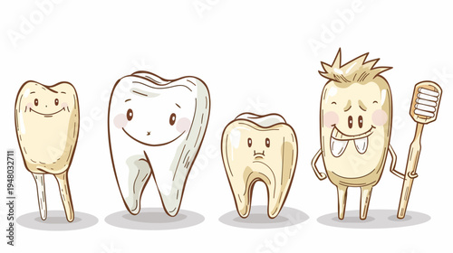Cartoon teeth with faces stand in a row, one holds a toothbrush