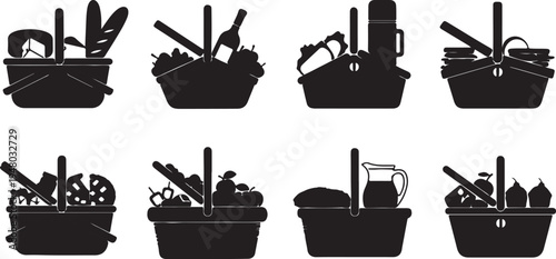 Basket line vector icons and signs. Wicker, Straw, Handled, Market, Fruit, Shopping, Store, Wire outline vector illustration set