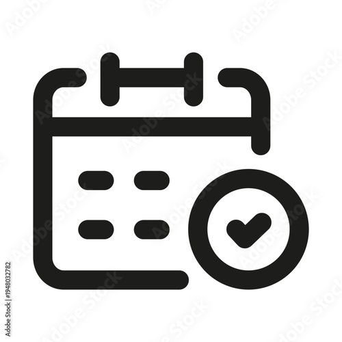 Calendar with Check Mark Line Icon. Professional minimalist symbol designed as a premium vector line icon for scheduled tasks, deadlines, and completed events