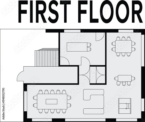 First floor house plan vector illustration featuring multiple bedrooms large dining area living space and interior stairs for real estate marketing architectural design and home renovationFirst floor 
