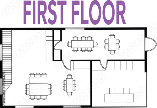 First floor house plan vector illustration with purple heading featuring dining areas large living space and interior stairs for real estate marketing architectural design and renovation