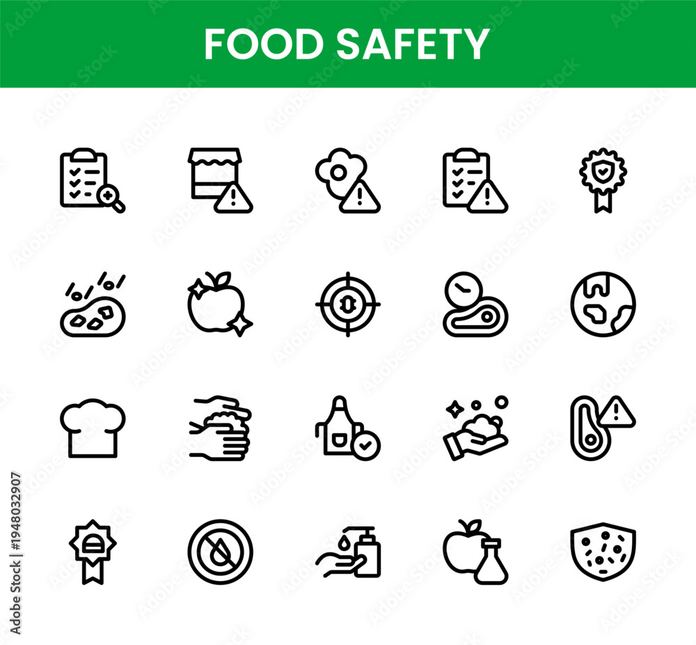 Fototapeta premium Food Safety icon set. Food Safety Professional Line Icon Pack features modern minimal and professional icons for handwashing and storage.
