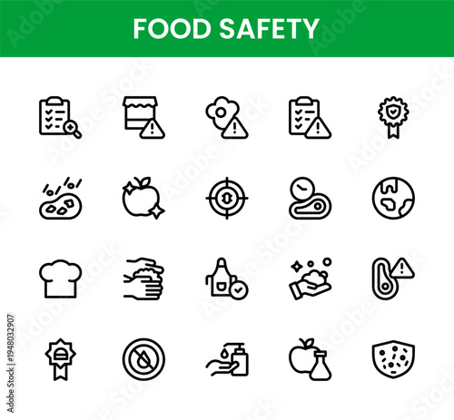 Food Safety icon set. Food Safety Professional Line Icon Pack features modern minimal and professional icons for handwashing and storage.
