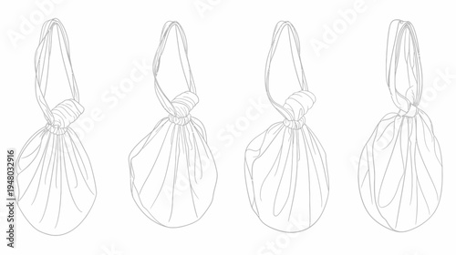 Four draped, knotted bags on a white background, shown at different angles