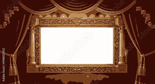 Ornate golden frame with velvet curtains and blank display area