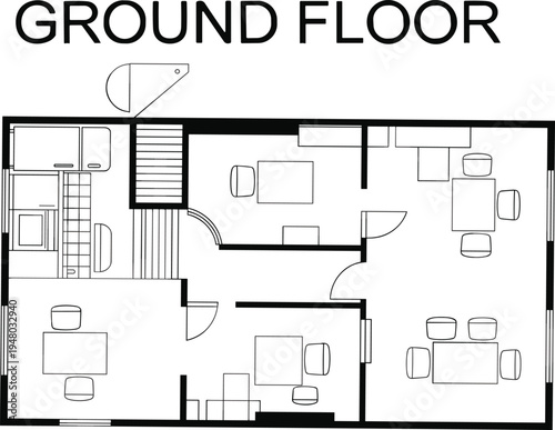 Ground floor house architectural plan vector featuring open kitchen dining area multiple office workspaces and interior stairs for real estate brochures renovation planning and building designGround f