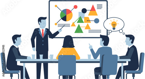 Business team discussing colorful graphs on screen in professional meeting setting with bright ideas for corporate strategy