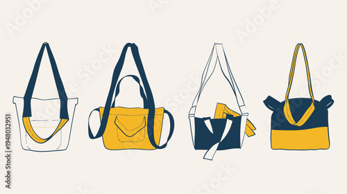 Four sketched tote bags of different styles, rendered in navy blue and yellow