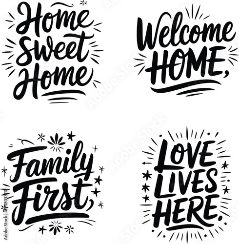 Hand drawn home and family lettering quotes typography vector set