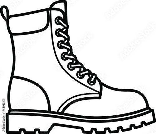 A detailed black and white line art illustration of a rugged leather work boot for casual wear