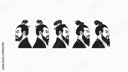 Silhouette profile of five men with beards in traditional clothing, a bun, and a stern expression