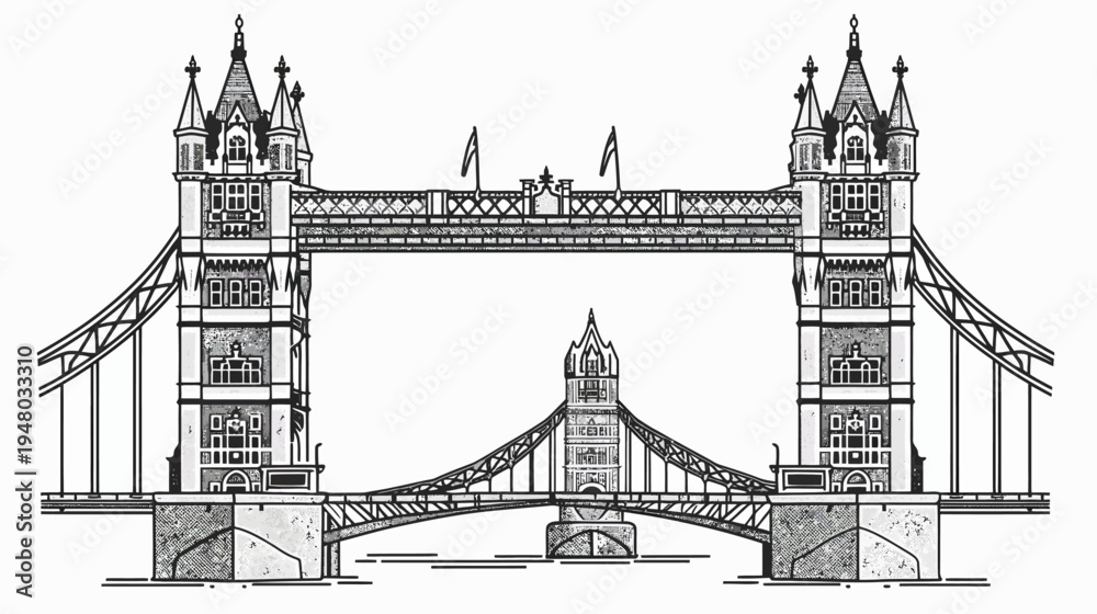Obraz premium Detailed architectural sketch of the iconic Tower Bridge in London, black and white tone