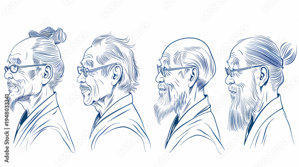 Naklejka premium Line art illustration depicting four different elderly men with glasses and various hairstyles in profile