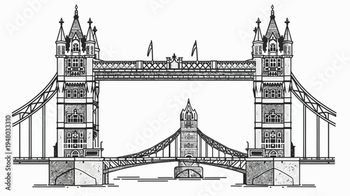 Detailed architectural sketch of the iconic Tower Bridge in London, black and white tone