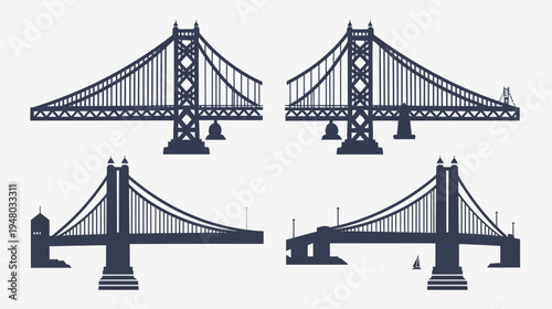 Four bridge silhouettes in a single dark blue color on a solid white background