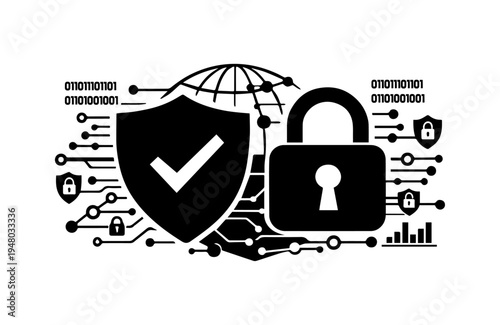 Silhouette of Security Shield and Padlock Depicting Data Protection and Network Cybersecurity