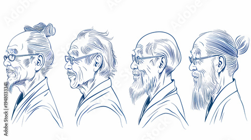 Line art illustration depicting four different elderly men with glasses and various hairstyles in profile