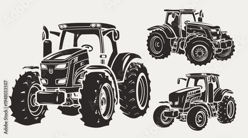 Three black tractors with varying perspectives and sizes, on a light beige background