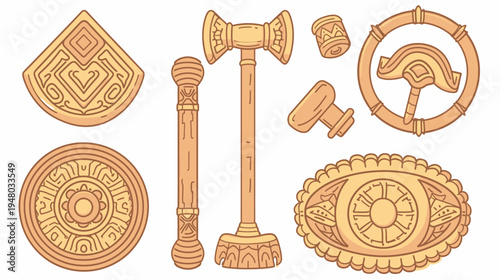 Stylized, golden game assets of various shapes with intricate carved details, isolated