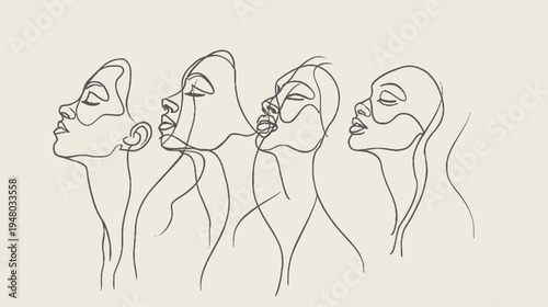 Four minimalist line-art portraits of female faces in profile. Soft beige background