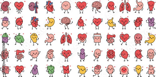 Cute cartoon organs characters set medical anatomy kawaii illustration collection