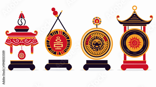 Four ornate, stylized Asian gongs or ceremonial instruments set on stands, red, gold, black