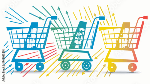 Colorful illustration of three shopping carts with upward arrows representing buying and sales