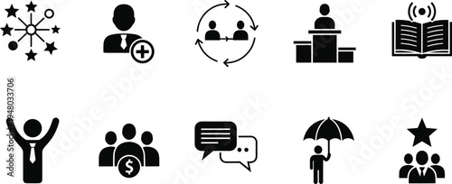 Business leadership silhouette icons set teamwork communication collection illustration